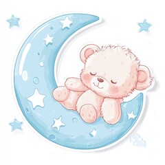 Teddy bear sleeps on moon with stars in sky background for a nursery decor or a children's book illustration