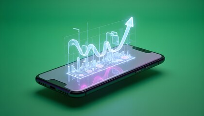 Holographic investment graph projected from a smartphone screen - growth and future trends - suitable for fintech, marketing, and tech presentations