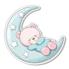 Baby bear sleeping on a moon with stars background, for decoration, nursery, and sticker design