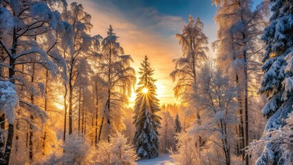 Fototapeta premium Golden Hour in a Winter Wonderland Sunlight Beams Through Snow-Covered Trees in a Serene Forest Scene