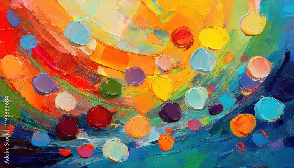 Poster Vibrant Textured Oil Painting Showcasing a Dynamic Canvas of Colorful Dots and Strokes, Depicting a Background Design Rich in Texture and Artistic Expression, Created on .