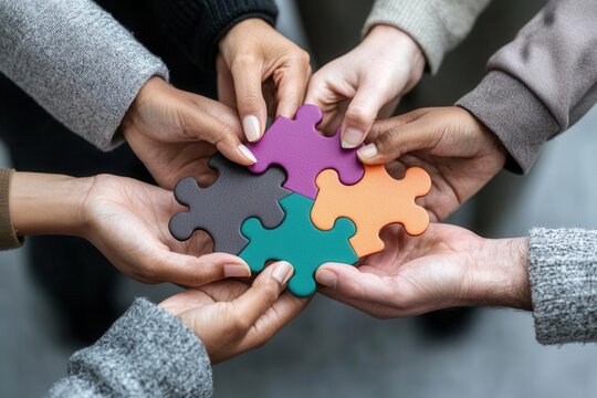 Close-up of diverse hands forming a circle around a colorful puzzle piece, Developmental Disability Awareness Month, symbolizing unity and inclusion,