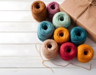 Colorful yarn balls on white wooden table with cardboard gift box