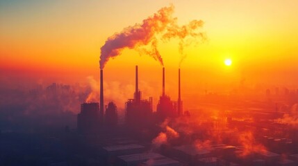 Sunrise over industrial complex with smoke stacks emitting pollution.