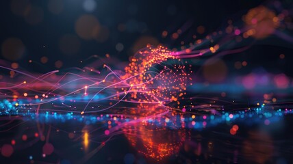 Obraz premium Explore a vibrant 3D digital model of deconstructed coins connected by flowing light effects. Perfect for artistic and technology-themed designs.