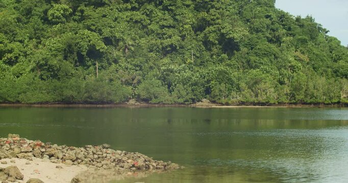 A view of the hill for firefly watch and a quiet morning with a calm stream on Secret Beach in Siargao.