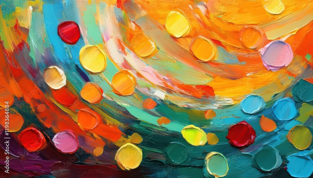 Poster expressive oil painting showcasing a colorful canvas with intricate design and textures, blending do