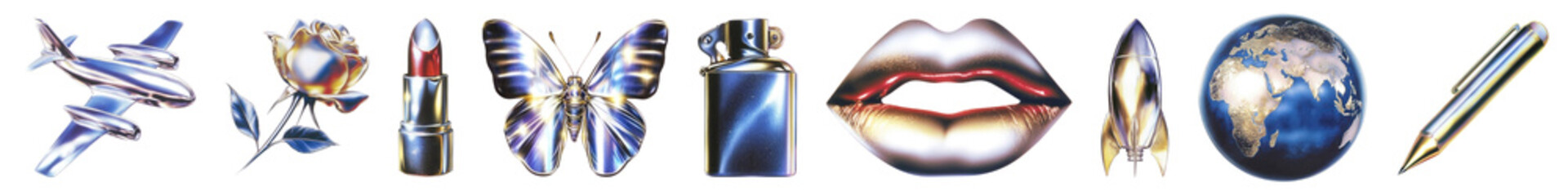 Fototapeta premium PNG Glossy metallic beauty icons on transparent background