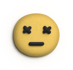 Deadpan Emoji: A playful 3D rendering of a yellow emoji with crossed-out eyes and a straight line mouth, expressing a deadpan, emotionless look.  