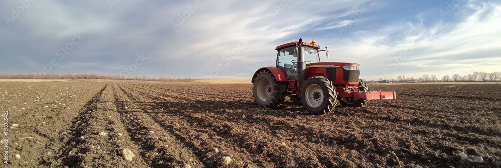 Aufkleber Red tractor working in a plowed field under a cloudy sky during late afternoon. Generative AI