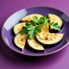 Sliced eggplant & parsley garnish, vibrant purple hues, texture, garnish