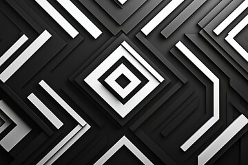 a high-quality 3D wallpaper with repeating geometric shapes in an abstract black and white color scheme. The design incorporates a clean, central void for text placement, surrounded by dynamic lightin