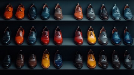 A collection of high-end shoes arranged on elegant shelves.