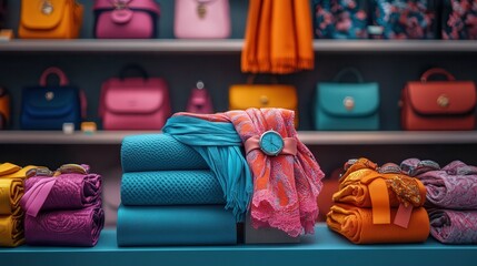 A colorful array of scarves, watches, and handbags displayed in a boutique