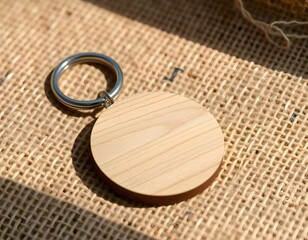 Round wooden keychain resting on burlap surface in sunlight