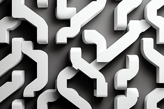 a high-quality 3D wallpaper with repeating geometric shapes in an abstract black and white color scheme. The design incorporates a clean, central void for text placement, surrounded by dynamic lightin