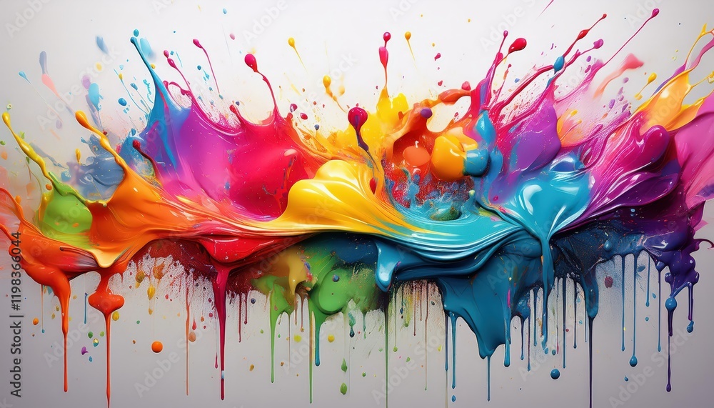 Poster Exuberant Paint Splatter Artistry Explosion of Color and Energy on a White Backdrop, Showcasing Creative Expression through Abstract Patterns.