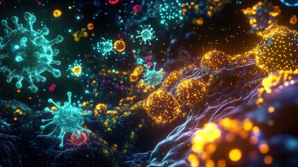Fototapeta premium Molecular interactions among diverse microbes in a vibrant, dynamic environment. Generative AI