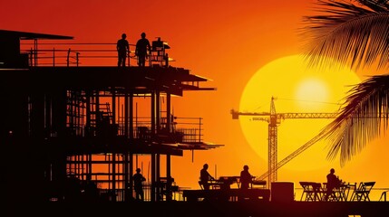Sunset silhouettes of construction workers on a building site. (1)