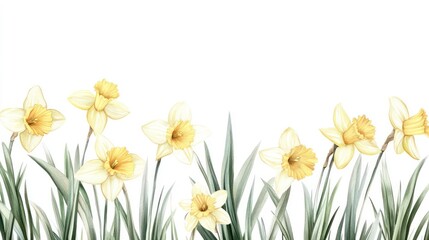 Daffodil field frame or border. watercolor illustration, Perfect for nursery art, simple clipart, single object, white color background. for greeting cards weddings or birthdays.