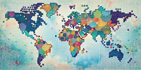 Artistic World Map Depicting Global Unity Through Vibrant Colors and Geometric Patterns