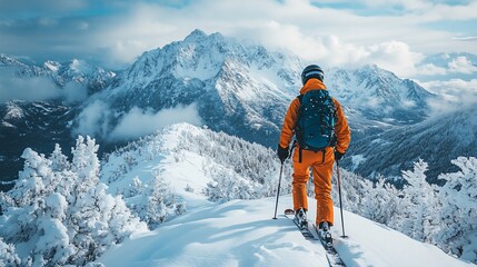 Skier on snowy mountain peak, panoramic view