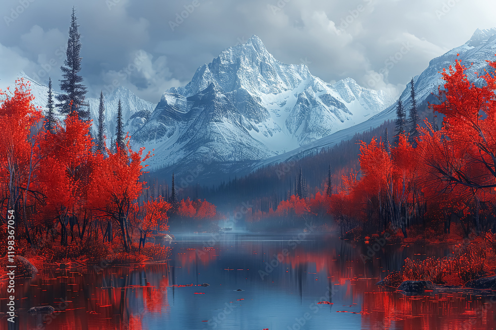 Poster beautiful mountain range with a river running through it. the trees are red and the sky is cloudy