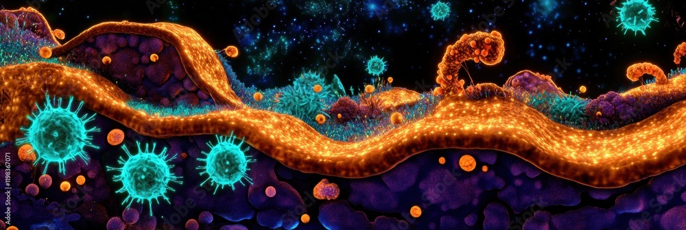 Poster exploring molecular interactions and dynamics of microbes in a vibrant microbial ecosystem. generati