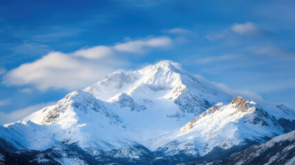 Obraz premium Snowy mountain peaks under clear blue sky with soft clouds