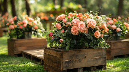 Obraz premium Beautiful Romantic Festive Wedding Ceremony with Wooden Square and Rose Decorations in Scenic Green Park