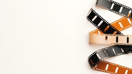Obraz premium A close-up of film strips in black and orange hues, arranged artistically on a light background, evoking nostalgia for classic cinema.