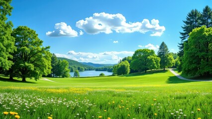 Naklejka premium Eye-level panorama of lush green grass dotted with vibrant dandelions, framed by a quaint dirt road, evoking serene nature's charm
