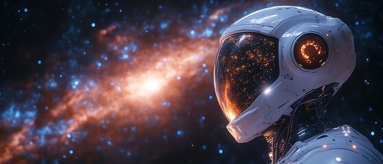 Futuristic robot in space, gazing at nebula.