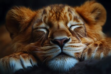 Obraz premium Sleeping lion cub, dark background, wildlife sanctuary