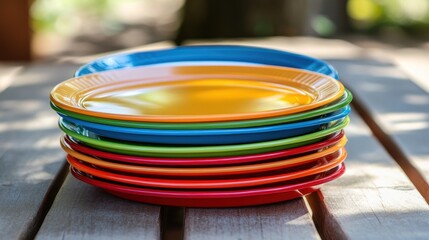 Colorful Stack of Plates on Wooden Table Outdoors