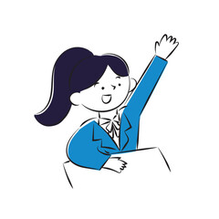Simple hand-drawn illustration of a female student wearing a blazer and raising her hand.