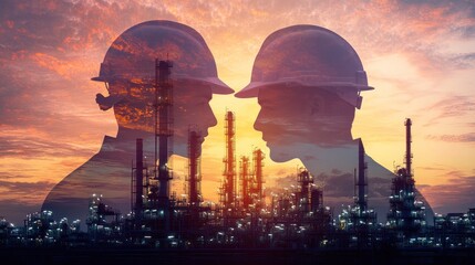Two engineers silhouetted against an oil refinery at sunset.