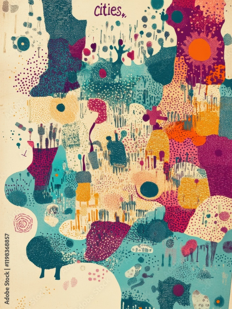 Aufkleber Playful map depicting imaginative bacteria colonies as colorful cities in a whimsical art style. Generative AI