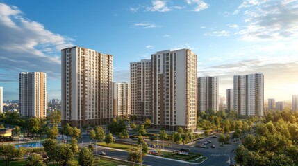 Fototapeta premium Modern Residential Complex at Sunrise: Architectural Marvel