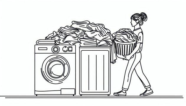 recommend clip art:  Daily Household Task: Woman Carrying Pile of Laundry to Washing Machine, line art illustration isolated white