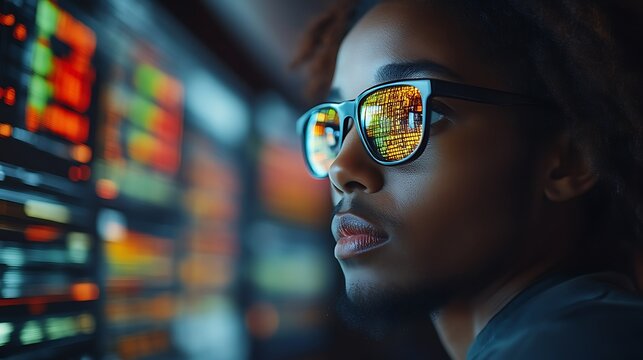 Focused young man reviewing data on screens.