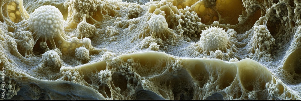 Aufkleber dense layer of microbes showcasing diverse structures and interactions in a natural habitat under hi