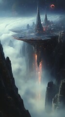 Futuristic city above clouds, lit at night.