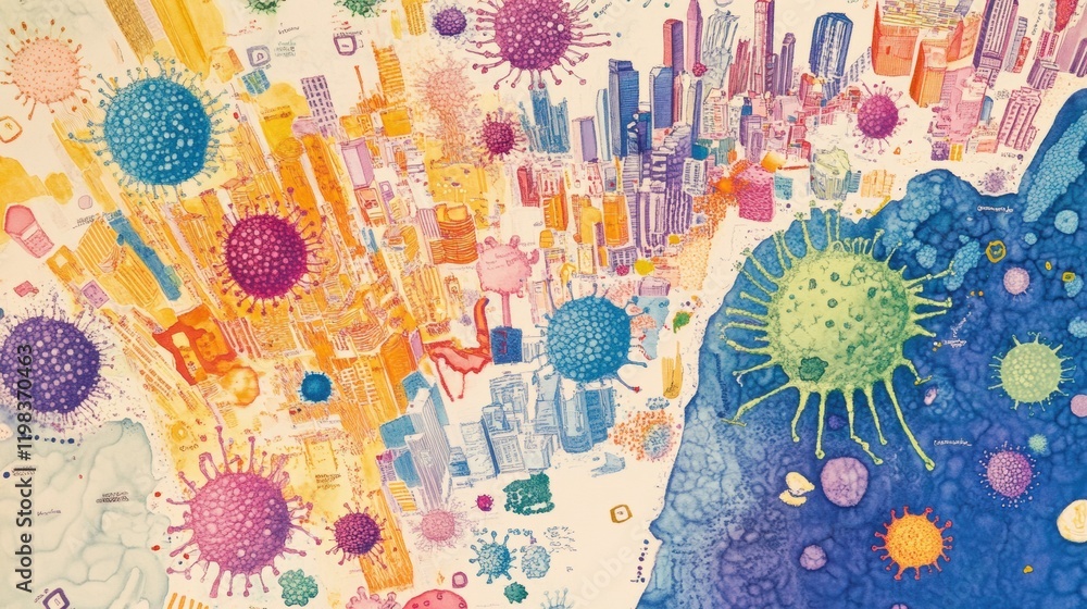 Poster playful representation of bacteria colonies depicted as colorful cities in a vibrant map. generative