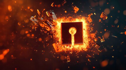Digital lock icon breaking apart, symbolizing a cybersecurity breach or data vulnerability