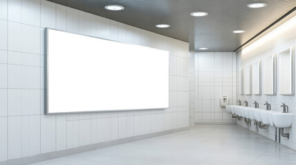Empty bathroom with large white billboard and sinks