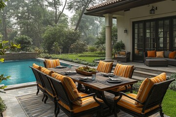 7-piece garden furniture set with striped orange and yellow chairs and wooden table in front of a swimming pool on a grassy lawn.