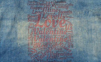 Romantic Word Cloud Design on Denim Background for Valentine's Day