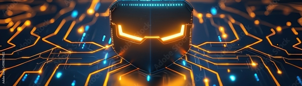 Poster anti tracking anonymity concept. futuristic circuit design with glowing elements and robotic feature