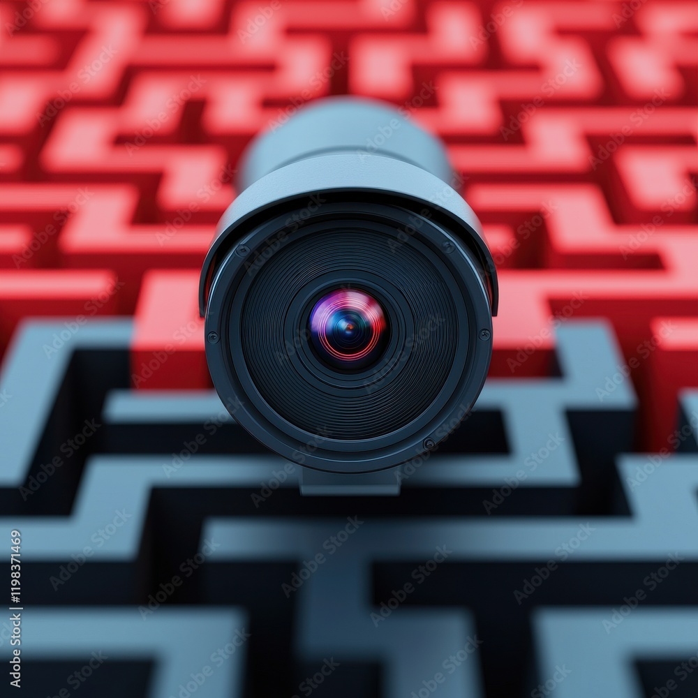 Poster anti tracking anonymity concept. camera lens focused on a maze pattern in contrasting colors.